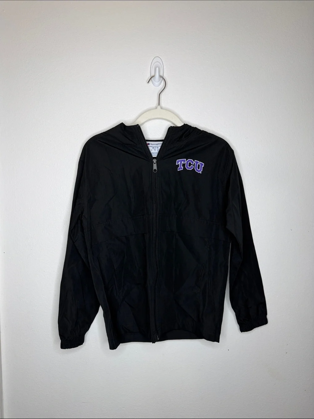 Champion Kids Black Hooded Raincoat with Purple TCU Logo